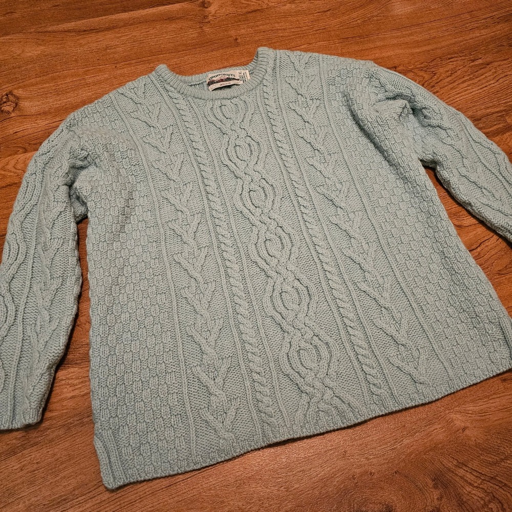 Aran Crafts Ireland 100% Merino Wool Cable Knit Fisherman Sweater Blue XL